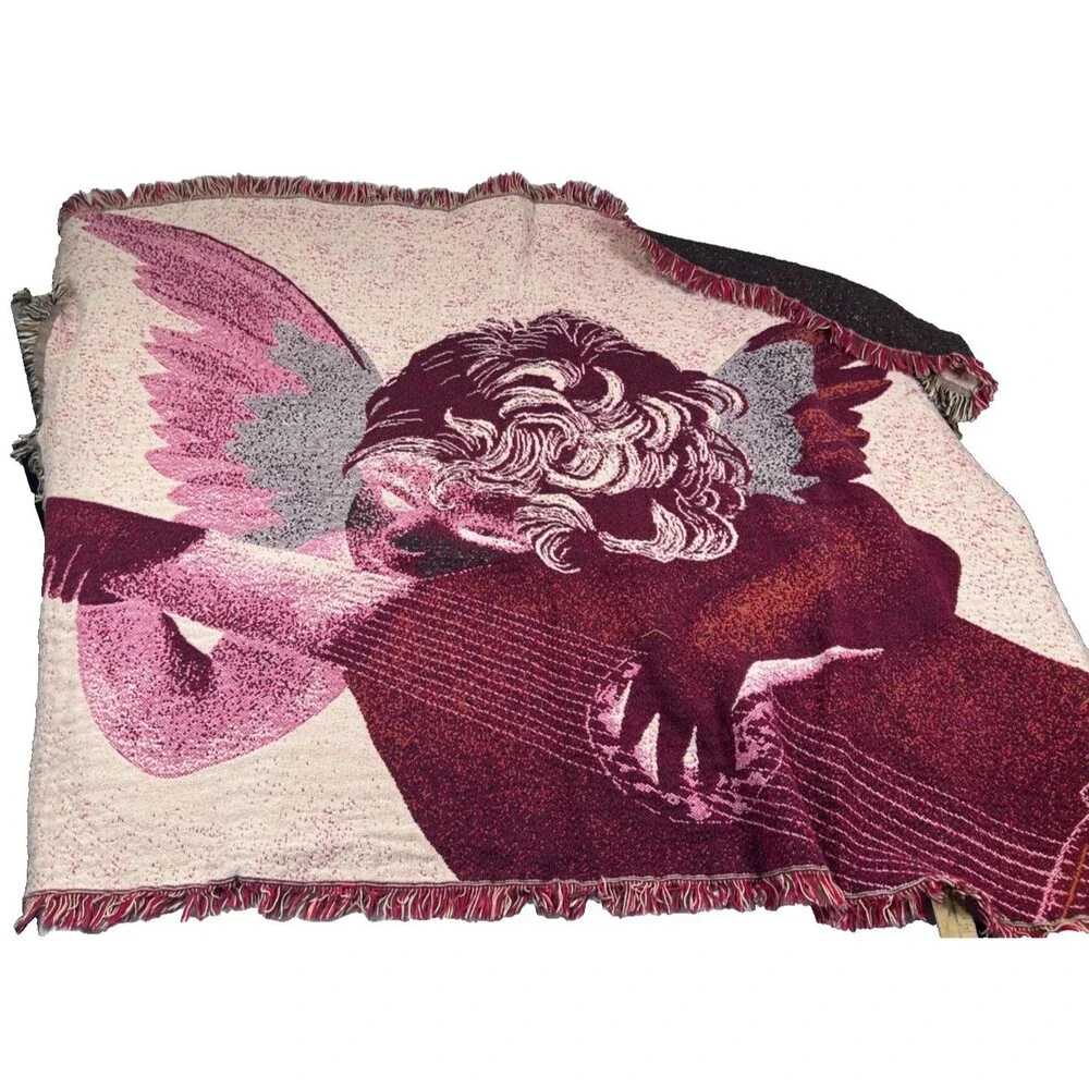 Vintage Woven Cherub Angel Harp Tapestry Throw Blanket Fringe 60x42in Cottage